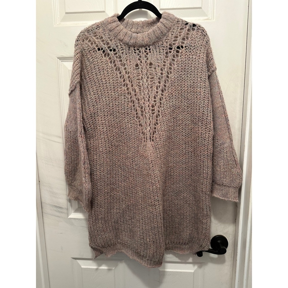 Free People Marled Knit Tunic Sweater Mauve Lavender Pointelle Wool Mohair Blend